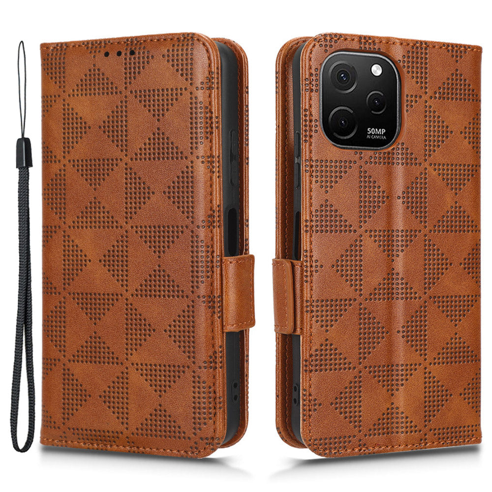 For Huawei nova Y61 4G PU Leather Stand Case Imprinted Triangle Pattern Magnetic Clasp Phone Wallet Cover with Hand Strap