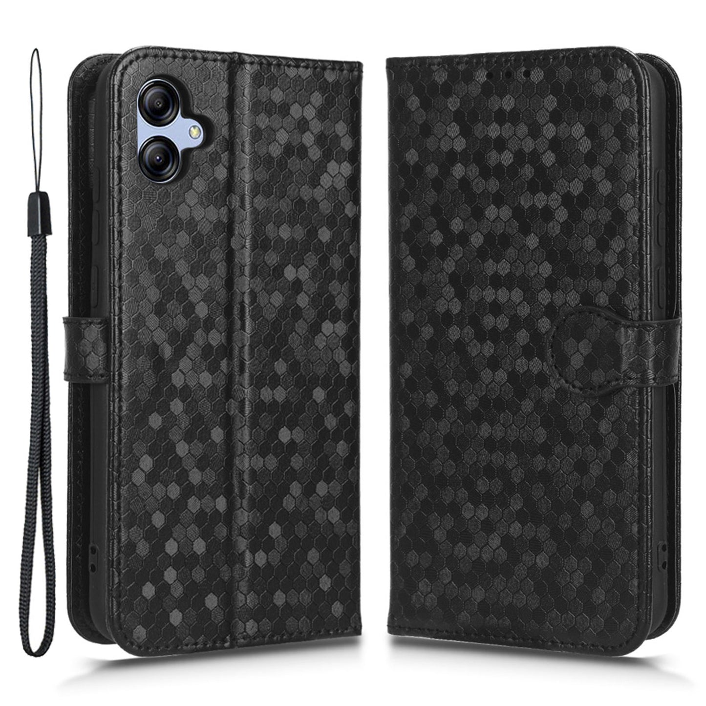 For Samsung Galaxy A04e 4G Dot Pattern Imprinted Phone Cover Anti-shock Protective PU Leather Phone Wallet Case Stand with Strap
