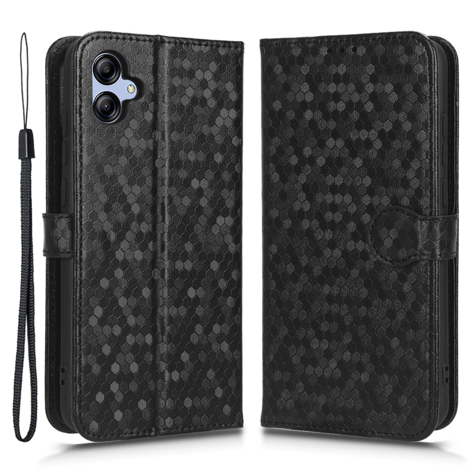For Samsung Galaxy A04e 4G Dot Pattern Imprinted Phone Cover Anti-shock Protective PU Leather Phone Wallet Case Stand with Strap