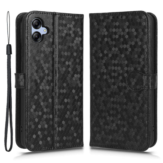 For Samsung Galaxy A04e 4G Dot Pattern Imprinted Phone Cover Anti-shock Protective PU Leather Phone Wallet Case Stand with Strap