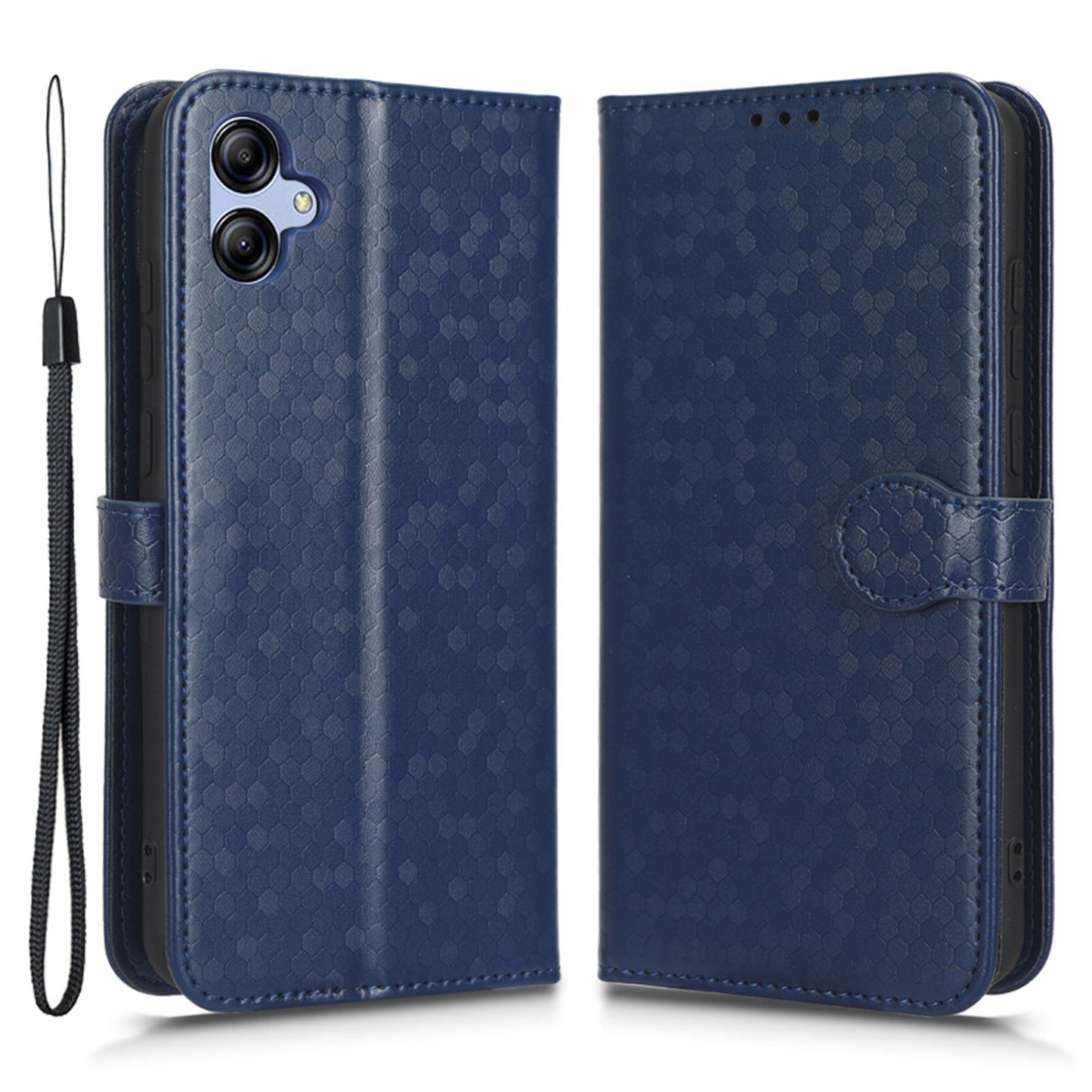 For Samsung Galaxy A04e 4G Dot Pattern Imprinted Phone Cover Anti-shock Protective PU Leather Phone Wallet Case Stand with Strap