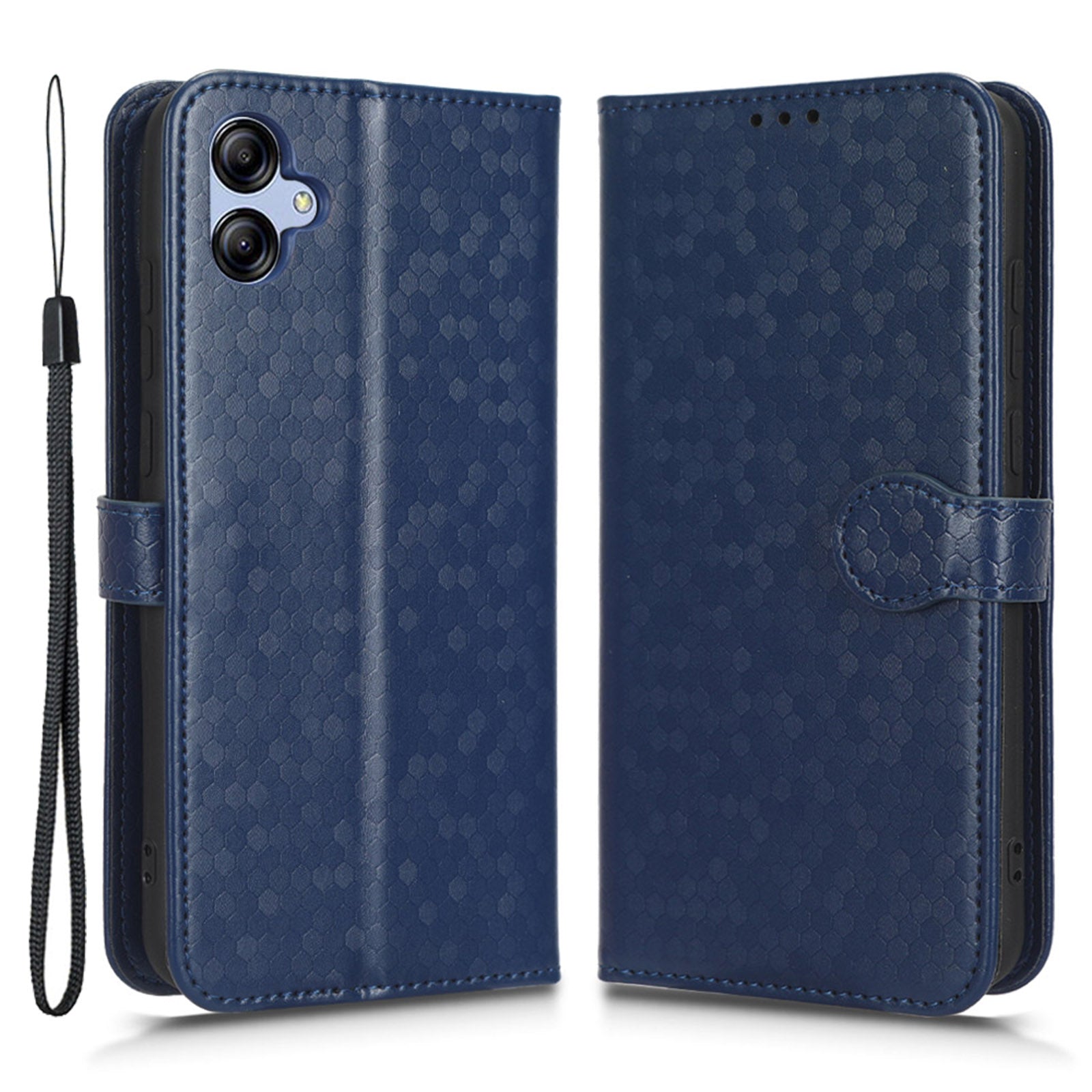 For Samsung Galaxy A04e 4G Dot Pattern Imprinted Phone Cover Anti-shock Protective PU Leather Phone Wallet Case Stand with Strap