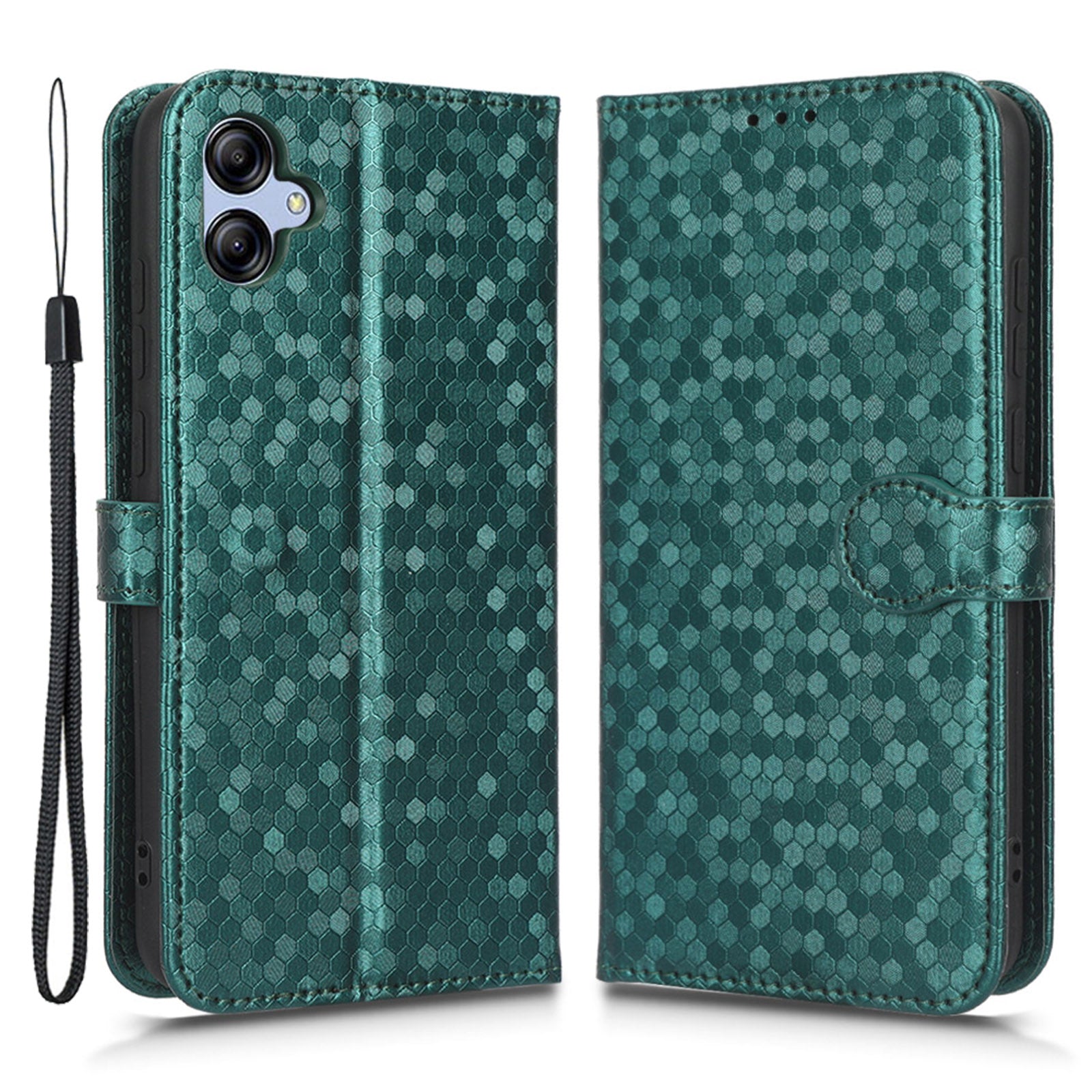 For Samsung Galaxy A04e 4G Dot Pattern Imprinted Phone Cover Anti-shock Protective PU Leather Phone Wallet Case Stand with Strap