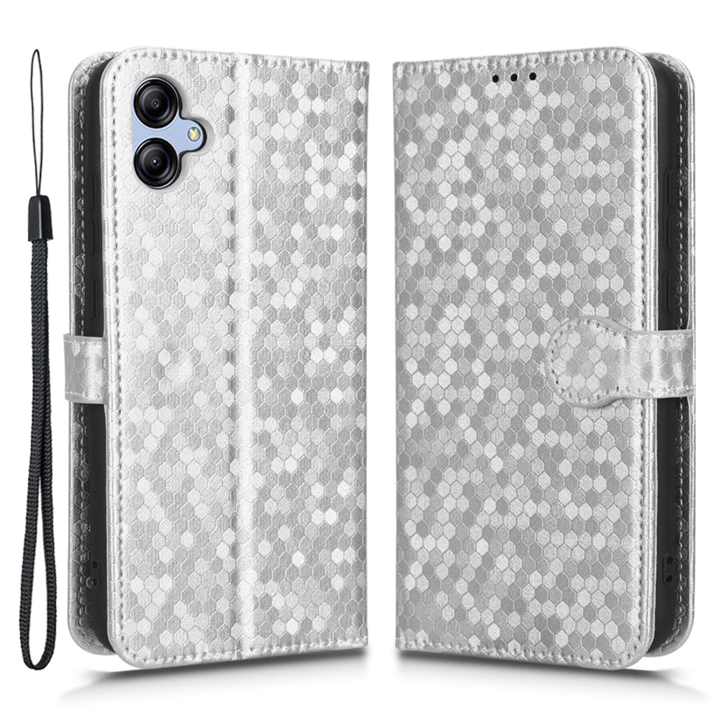 For Samsung Galaxy A04e 4G Dot Pattern Imprinted Phone Cover Anti-shock Protective PU Leather Phone Wallet Case Stand with Strap
