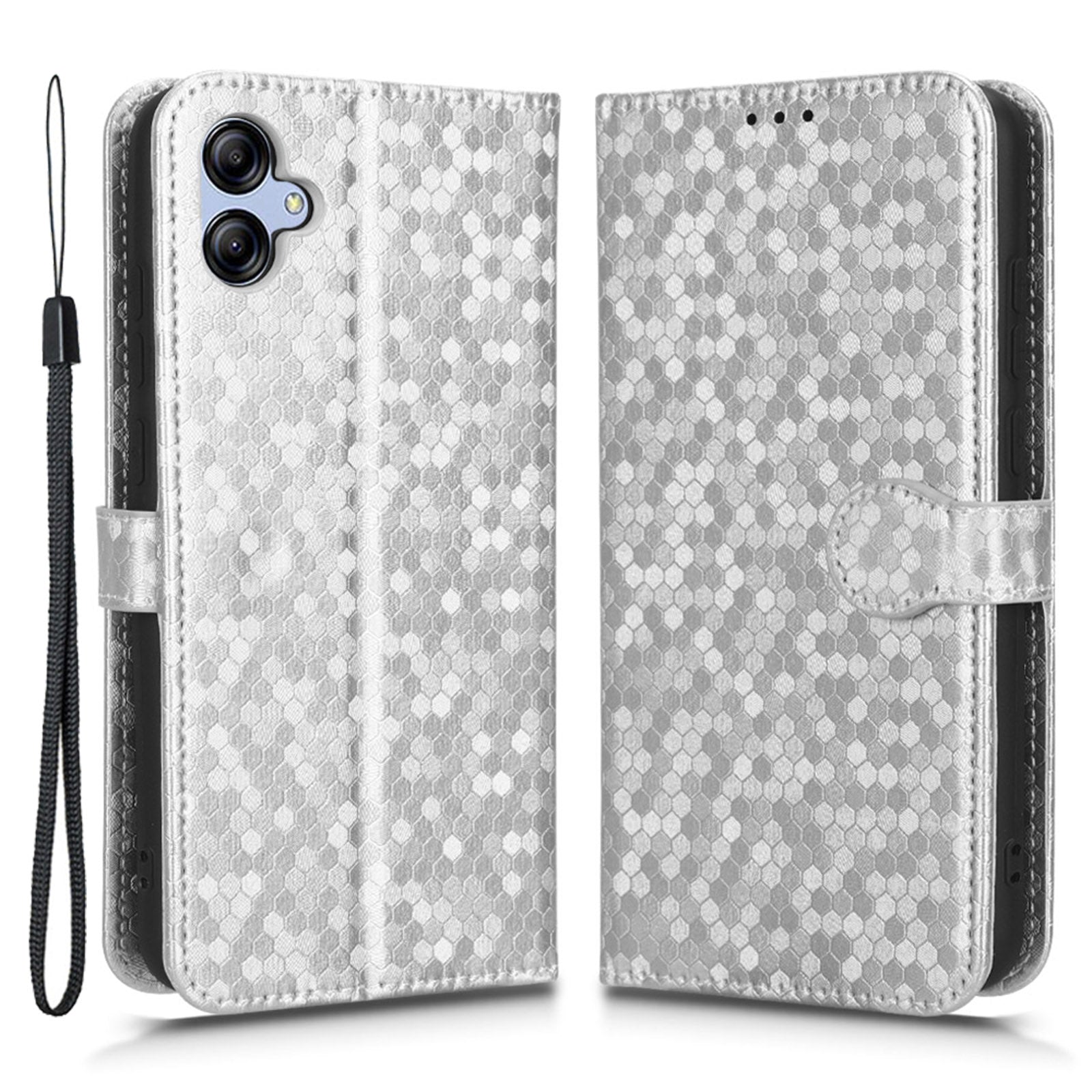 For Samsung Galaxy A04e 4G Dot Pattern Imprinted Phone Cover Anti-shock Protective PU Leather Phone Wallet Case Stand with Strap