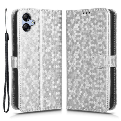 For Samsung Galaxy A04e 4G Dot Pattern Imprinted Phone Cover Anti-shock Protective PU Leather Phone Wallet Case Stand with Strap