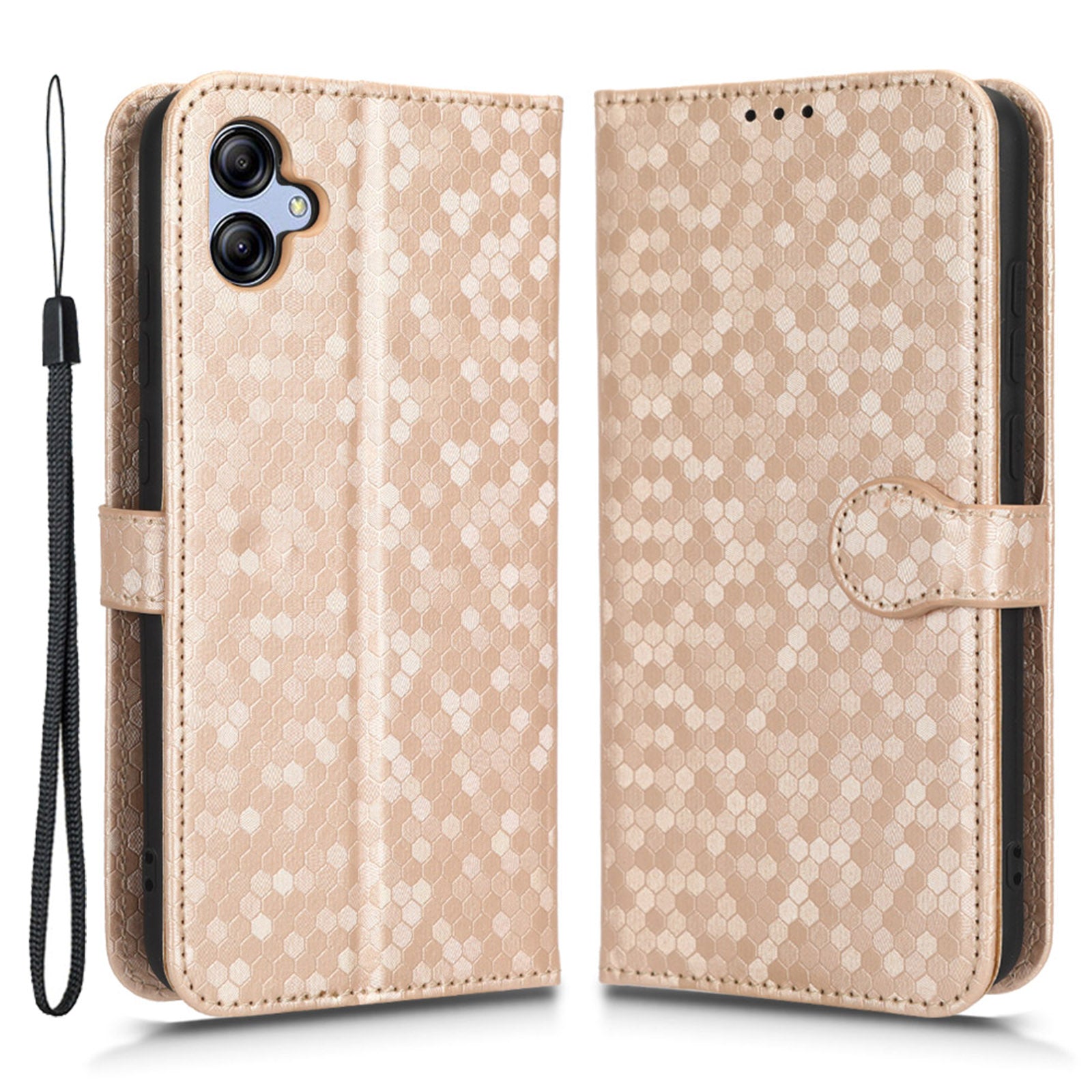For Samsung Galaxy A04e 4G Dot Pattern Imprinted Phone Cover Anti-shock Protective PU Leather Phone Wallet Case Stand with Strap