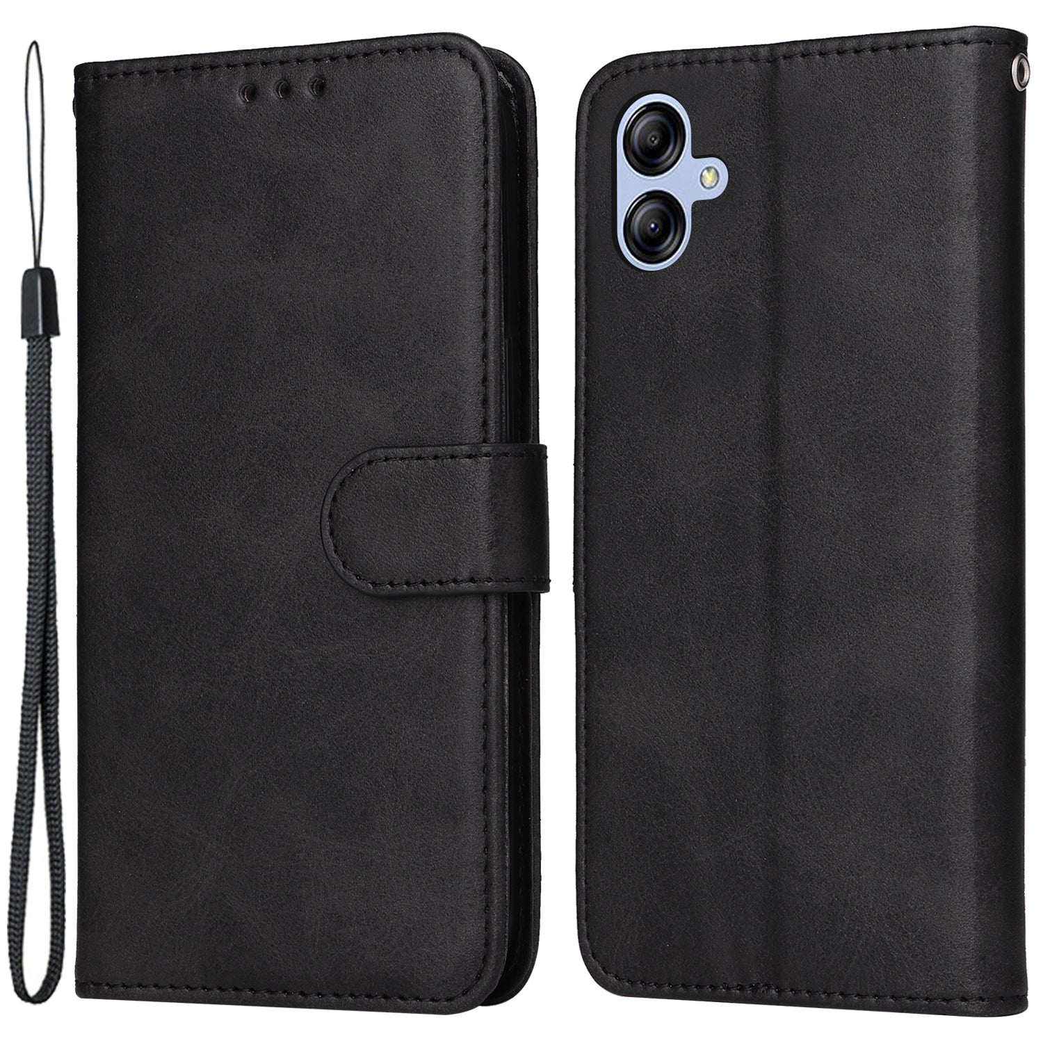 For Samsung Galaxy A04e 4G Magnetic PU Leather Phone Cover Stand Anti-scratch Calf Texture Folio Wallet Phone Case with Strap