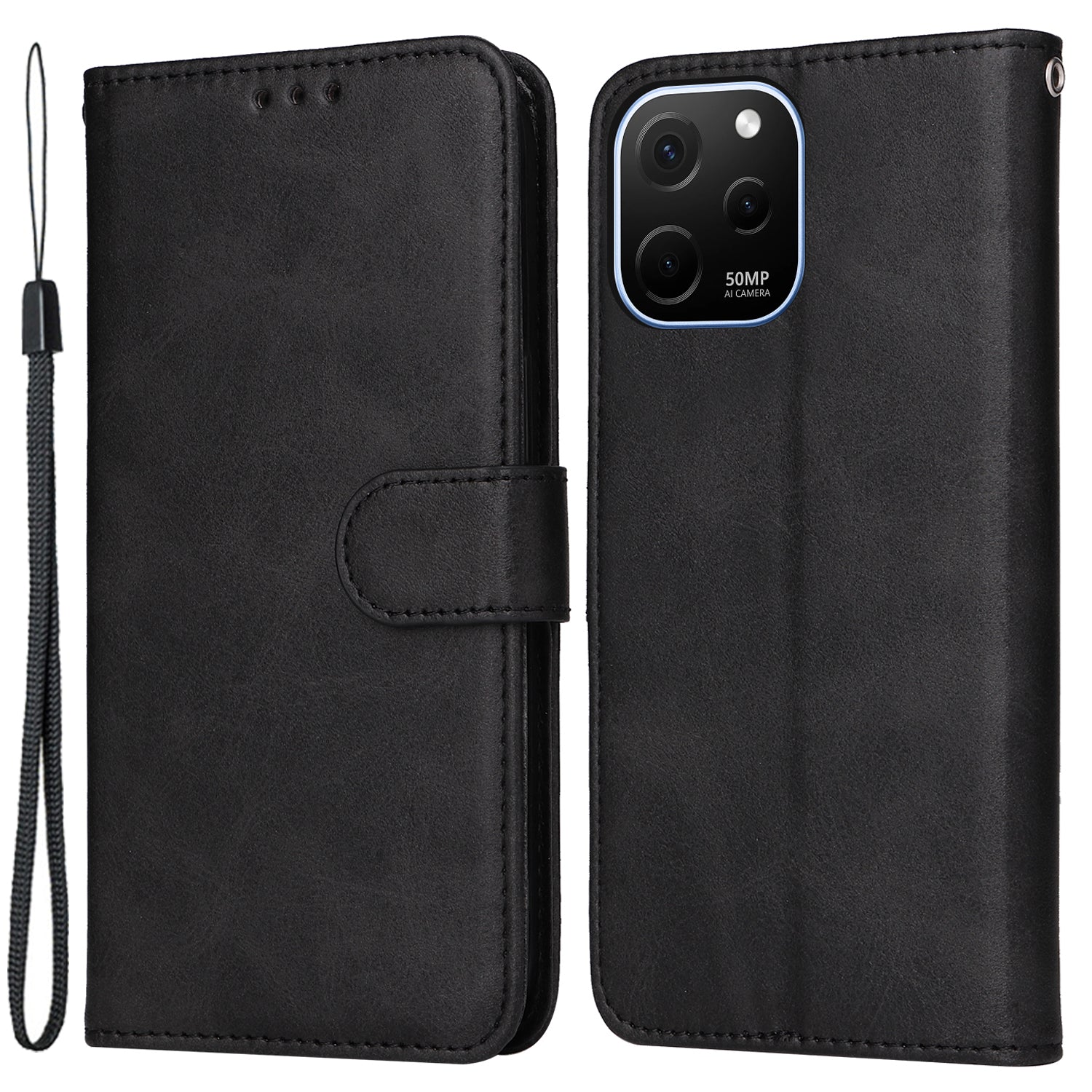 For Huawei nova Y61 4G PU Leather Wallet Anti-scratch Phone Case Calf Texture Magnetic Flip Stand Shockproof Cell Phone Cover with Strap