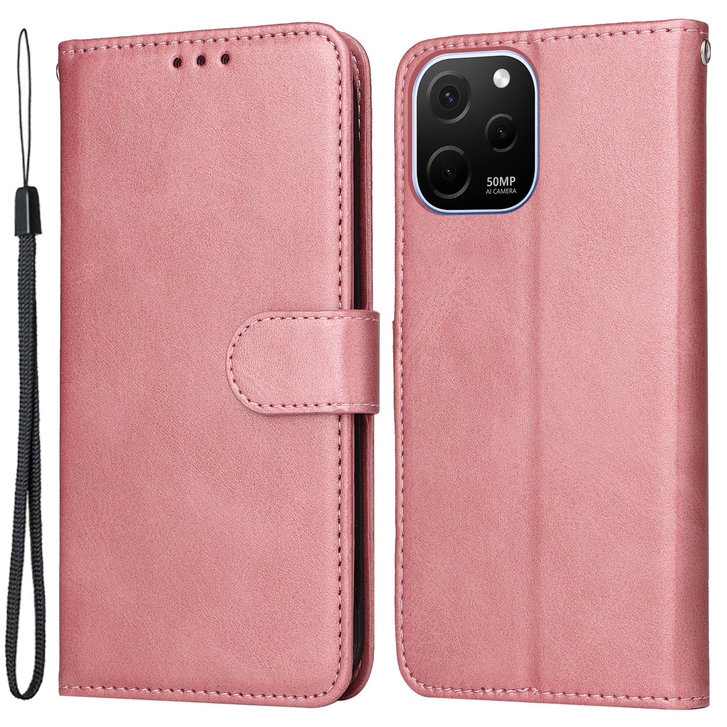 For Huawei nova Y61 4G PU Leather Wallet Anti-scratch Phone Case Calf Texture Magnetic Flip Stand Shockproof Cell Phone Cover with Strap