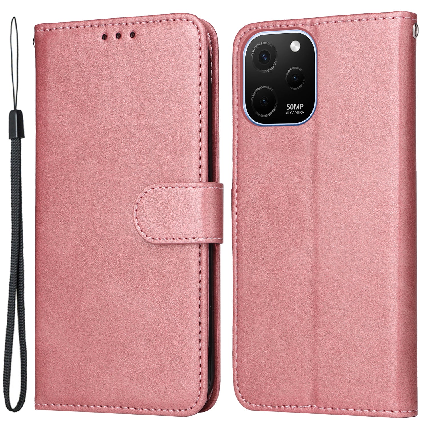 For Huawei nova Y61 4G PU Leather Wallet Anti-scratch Phone Case Calf Texture Magnetic Flip Stand Shockproof Cell Phone Cover with Strap