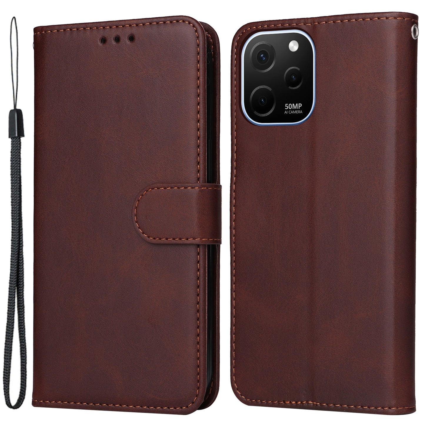 For Huawei nova Y61 4G PU Leather Wallet Anti-scratch Phone Case Calf Texture Magnetic Flip Stand Shockproof Cell Phone Cover with Strap