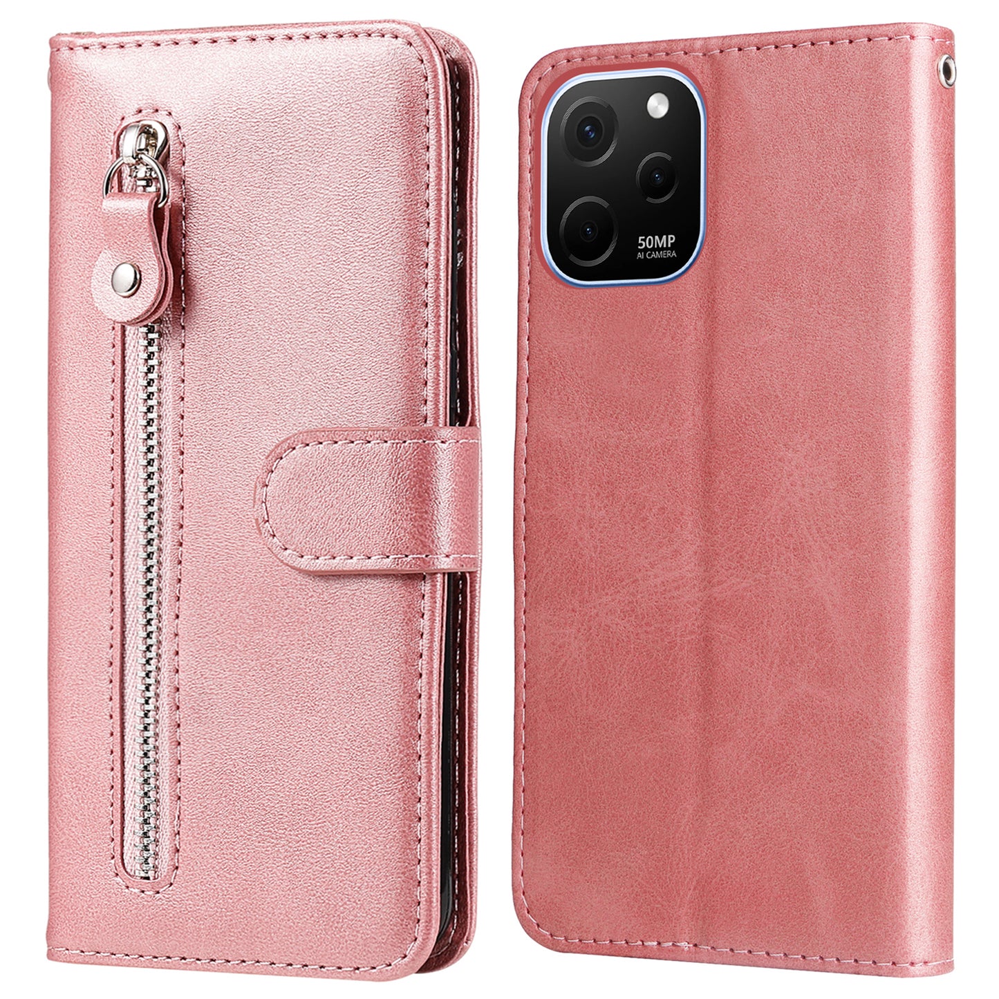 For Huawei nova Y61 4G Calf Texture Phone Case PU Leather Zipper Pocket Anti-scratch Cell Phone Cover with Stand Wallet