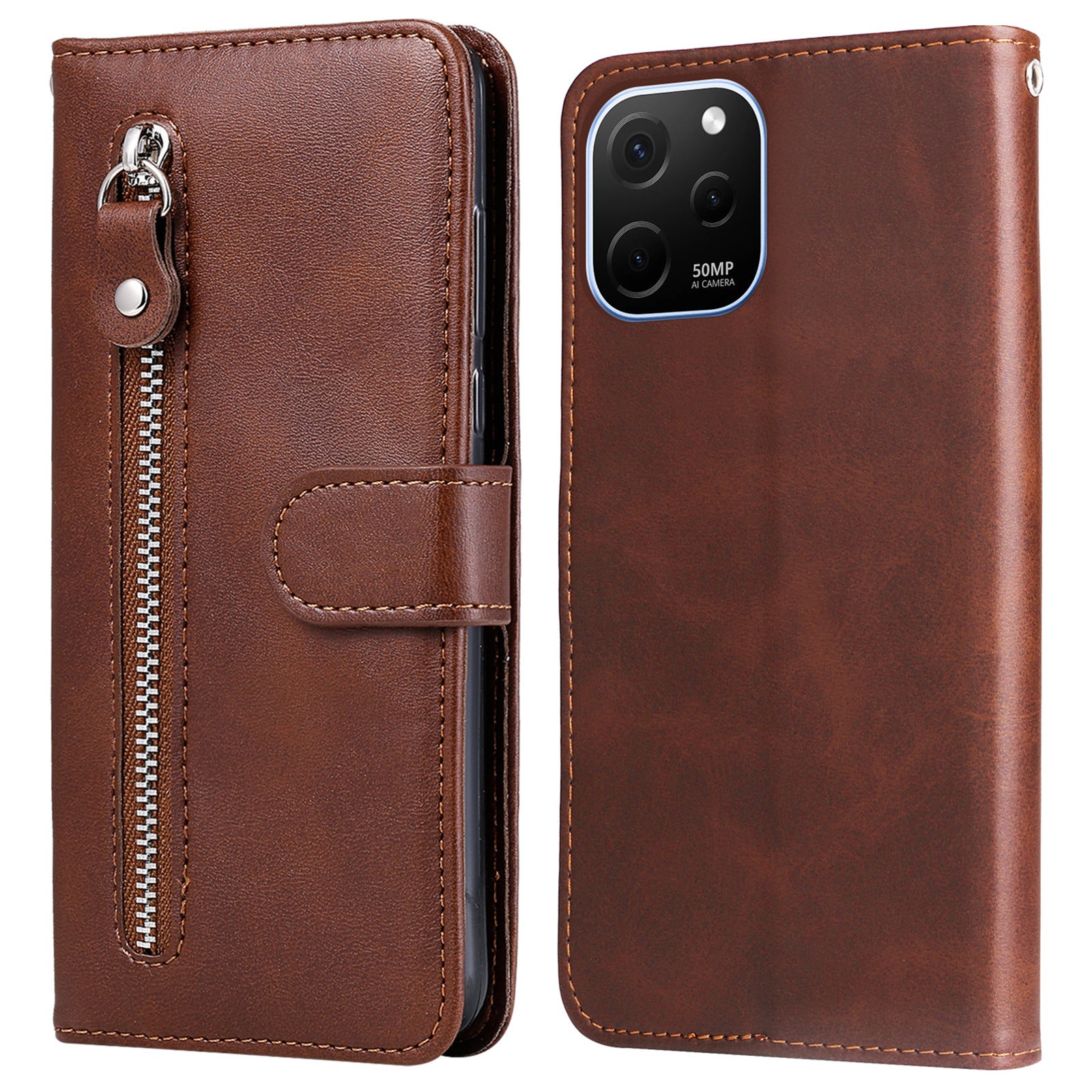 For Huawei nova Y61 4G Calf Texture Phone Case PU Leather Zipper Pocket Anti-scratch Cell Phone Cover with Stand Wallet