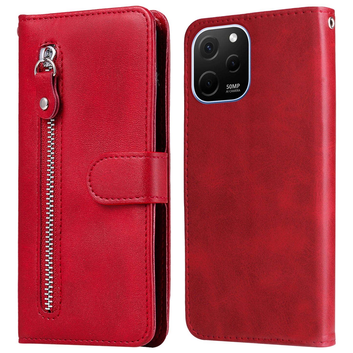 For Huawei nova Y61 4G Calf Texture Phone Case PU Leather Zipper Pocket Anti-scratch Cell Phone Cover with Stand Wallet