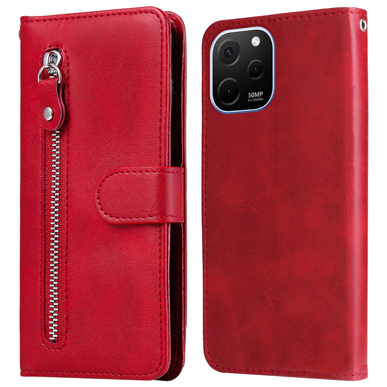 For Huawei nova Y61 4G Calf Texture Phone Case PU Leather Zipper Pocket Anti-scratch Cell Phone Cover with Stand Wallet