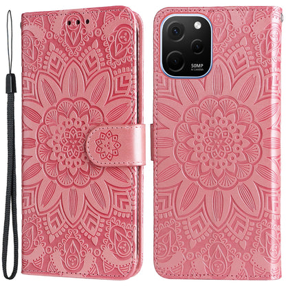 For Huawei nova Y61 4G Drop-proof PU Leather Sunflower Imprinted Phone Case Stand Magnetic Closure Anti-scratch Phone Cover with Hand Strap