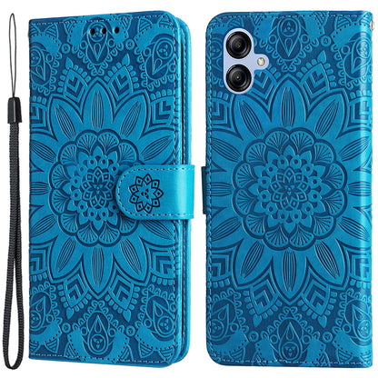 For Samsung Galaxy A04e 4G Anti-fading PU Leather Sunflower Imprinted Stand Phone Case Magnetic Closure Cover with Hand Strap