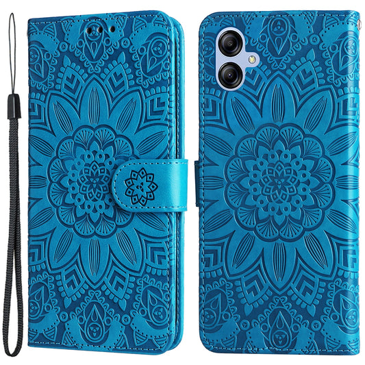 For Samsung Galaxy A04e 4G Anti-fading PU Leather Sunflower Imprinted Stand Phone Case Magnetic Closure Cover with Hand Strap