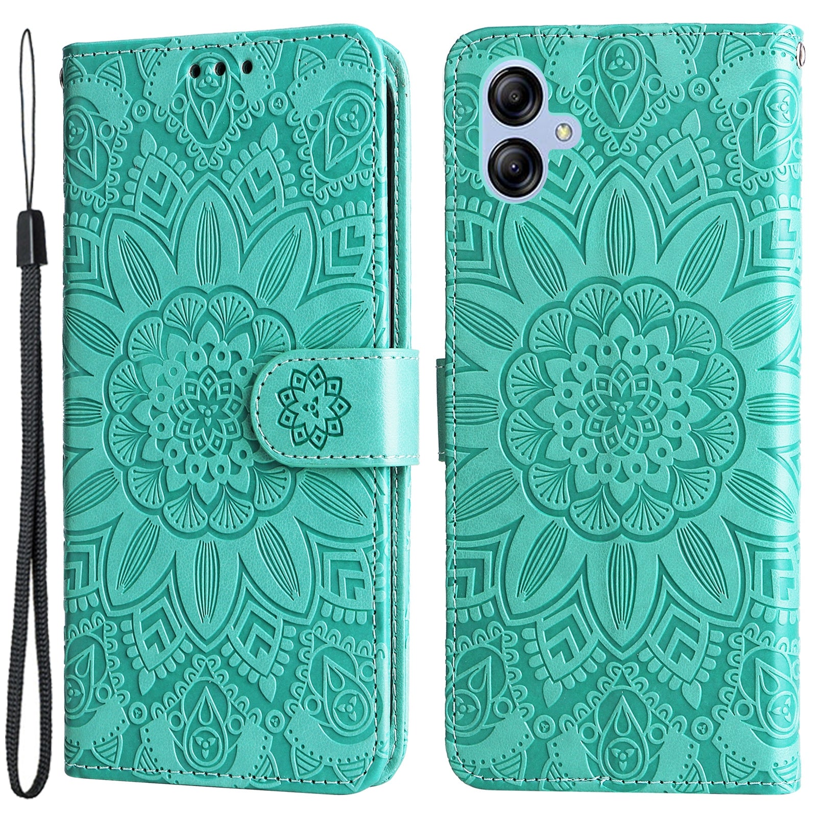 For Samsung Galaxy A04e 4G Anti-fading PU Leather Sunflower Imprinted Stand Phone Case Magnetic Closure Cover with Hand Strap