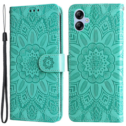 For Samsung Galaxy A04e 4G Anti-fading PU Leather Sunflower Imprinted Stand Phone Case Magnetic Closure Cover with Hand Strap