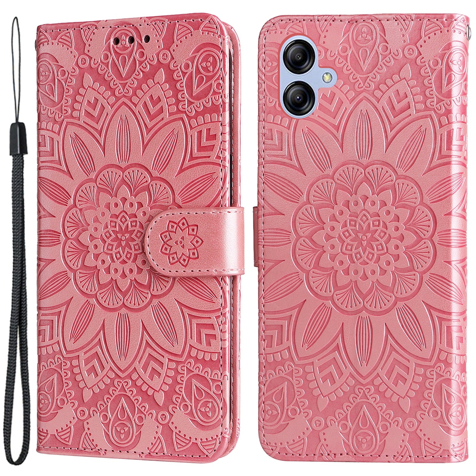 For Samsung Galaxy A04e 4G Anti-fading PU Leather Sunflower Imprinted Stand Phone Case Magnetic Closure Cover with Hand Strap