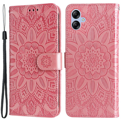 For Samsung Galaxy A04e 4G Anti-fading PU Leather Sunflower Imprinted Stand Phone Case Magnetic Closure Cover with Hand Strap