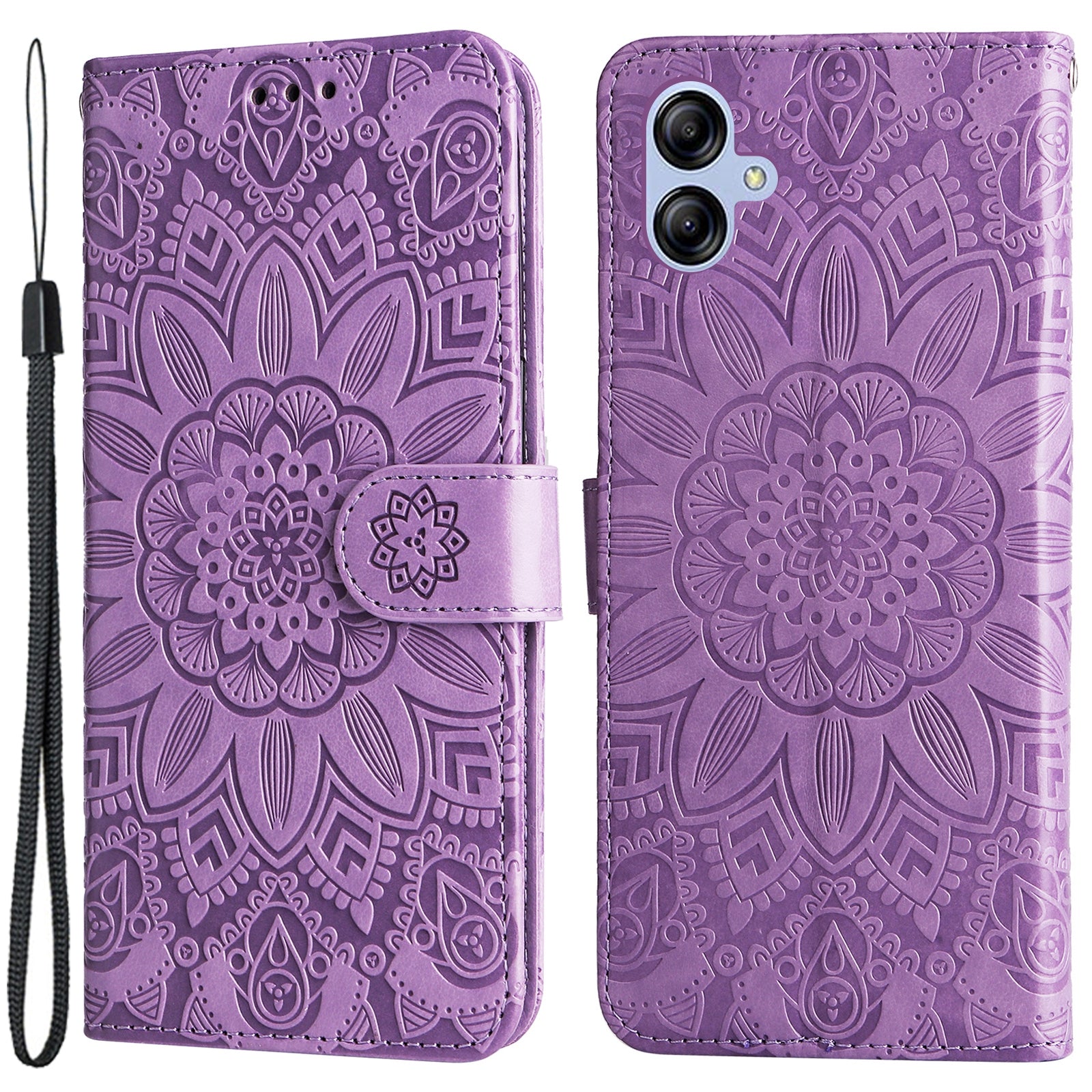 For Samsung Galaxy A04e 4G Anti-fading PU Leather Sunflower Imprinted Stand Phone Case Magnetic Closure Cover with Hand Strap