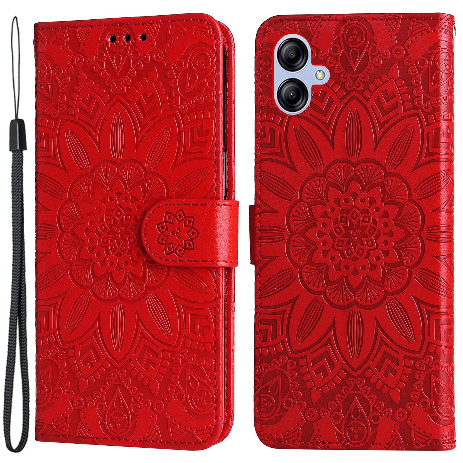 For Samsung Galaxy A04e 4G Anti-fading PU Leather Sunflower Imprinted Stand Phone Case Magnetic Closure Cover with Hand Strap