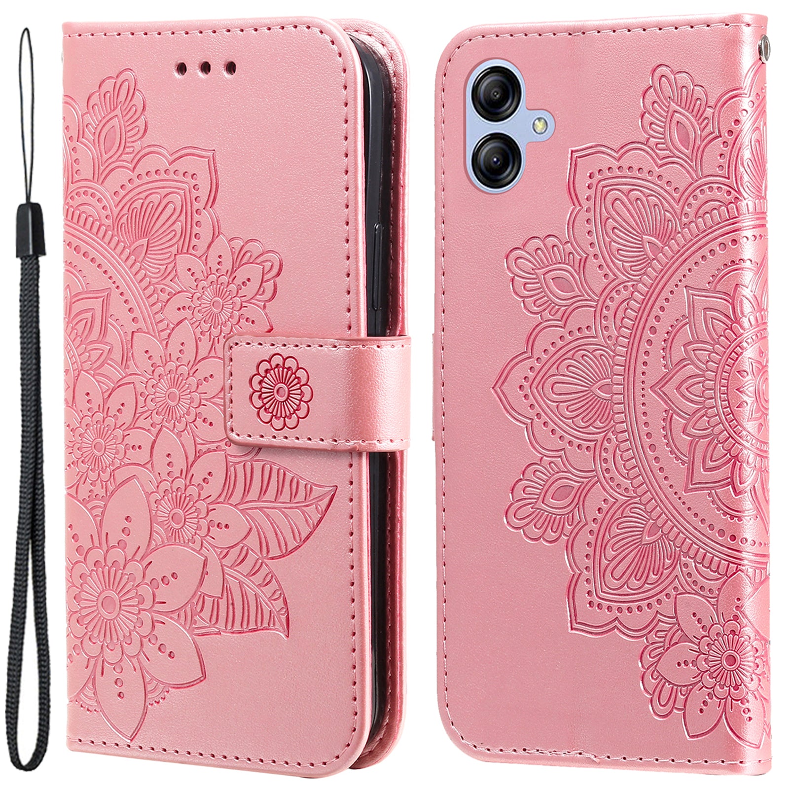 For Samsung Galaxy A04e 4G Anti-scratch PU Leather Protective Phone Case Flower Imprinting Phone Cover Stand Wallet with Strap