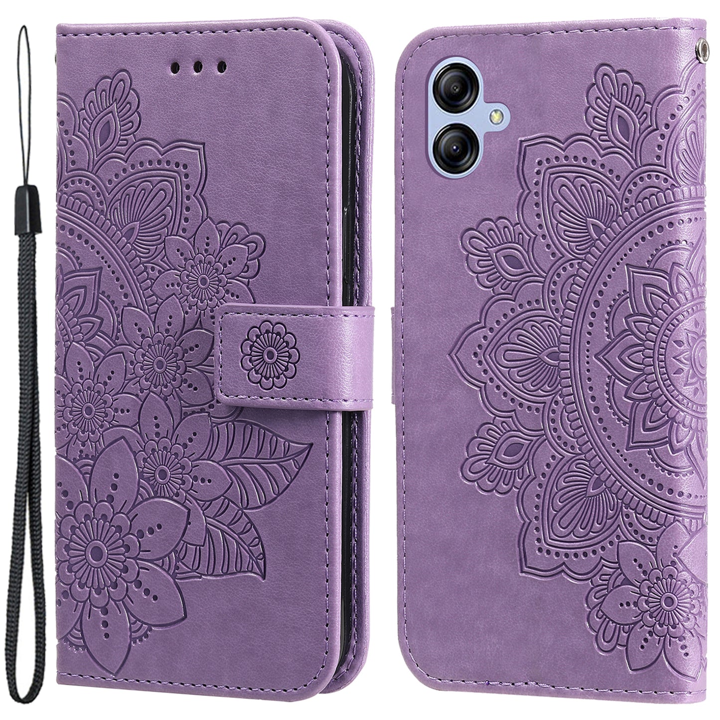 For Samsung Galaxy A04e 4G Anti-scratch PU Leather Protective Phone Case Flower Imprinting Phone Cover Stand Wallet with Strap