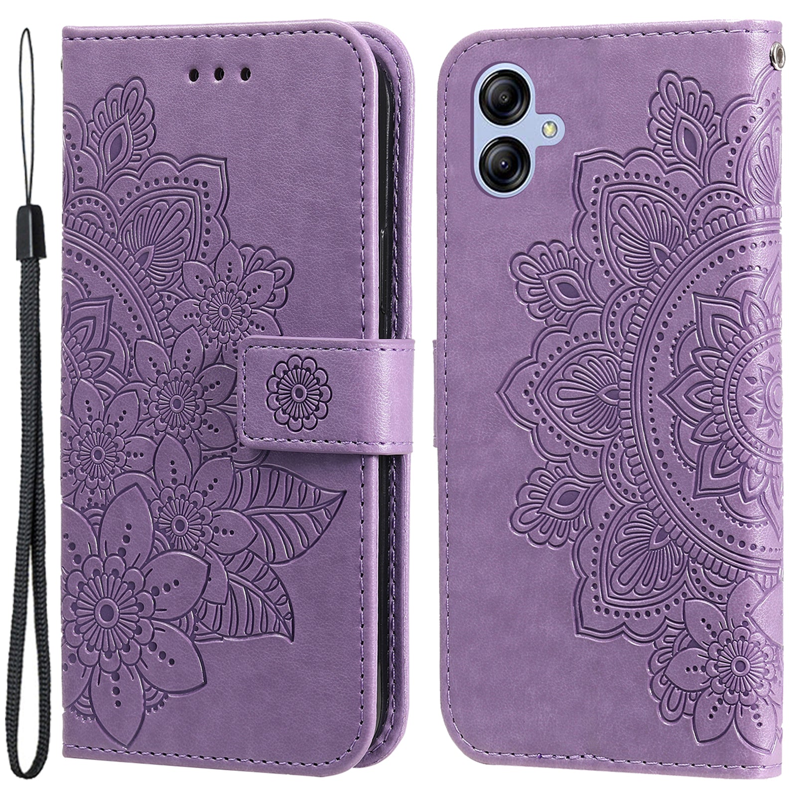 For Samsung Galaxy A04e 4G Anti-scratch PU Leather Protective Phone Case Flower Imprinting Phone Cover Stand Wallet with Strap