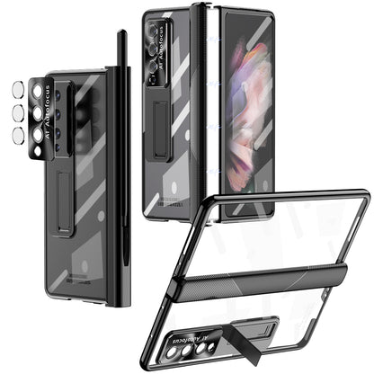For Samsung Galaxy Z Fold3 5G Magnetic Pen Slot Hinge PC Cover Kickstand Transparent Phone Case with Tempered Glass Film / Stylus Pen
