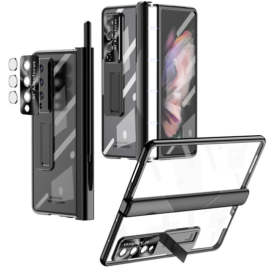 For Samsung Galaxy Z Fold3 5G Magnetic Pen Slot Hinge PC Cover Kickstand Transparent Phone Case with Tempered Glass Film / Stylus Pen