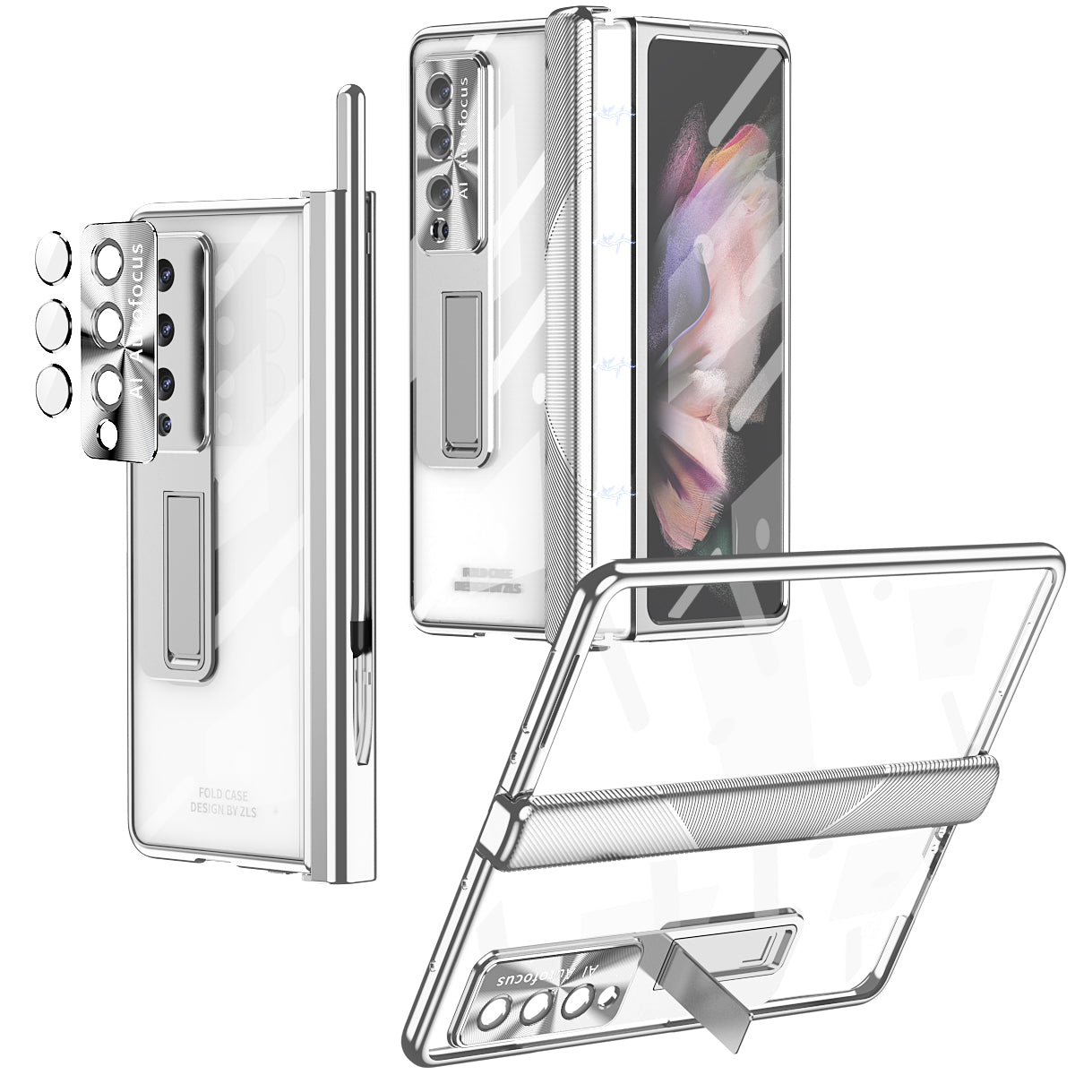 For Samsung Galaxy Z Fold3 5G Magnetic Pen Slot Hinge PC Cover Kickstand Transparent Phone Case with Tempered Glass Film / Stylus Pen