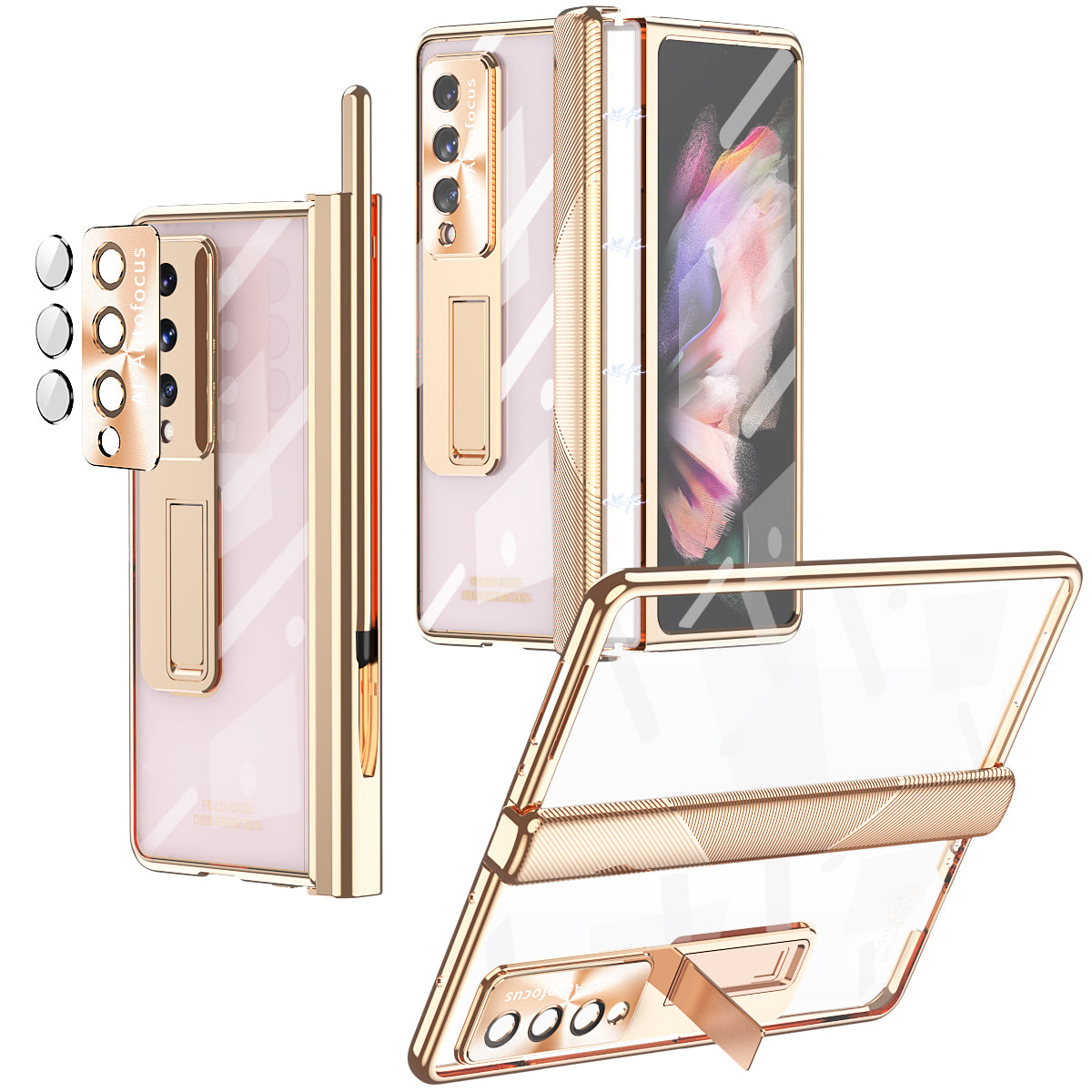 For Samsung Galaxy Z Fold3 5G Magnetic Pen Slot Hinge PC Cover Kickstand Transparent Phone Case with Tempered Glass Film / Stylus Pen