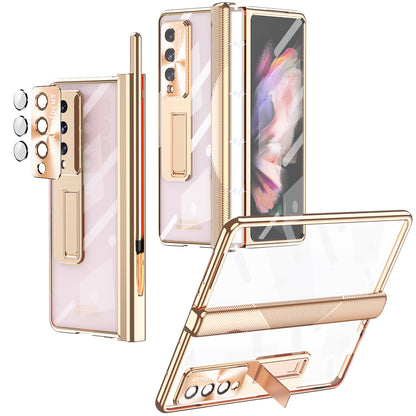 For Samsung Galaxy Z Fold3 5G Magnetic Pen Slot Hinge PC Cover Kickstand Transparent Phone Case with Tempered Glass Film / Stylus Pen