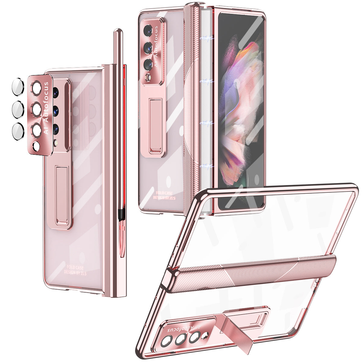 For Samsung Galaxy Z Fold3 5G Magnetic Pen Slot Hinge PC Cover Kickstand Transparent Phone Case with Tempered Glass Film / Stylus Pen