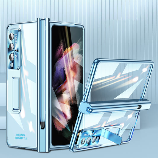 For Samsung Galaxy Z Fold3 5G Magnetic Pen Slot PC Case Kickstand Phone Cover with Tempered Glass Film  /  Stylus Pen