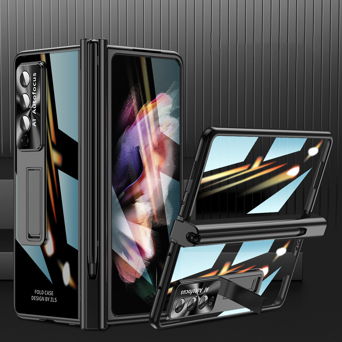 For Samsung Galaxy Z Fold3 5G Magnetic Pen Slot PC Case Kickstand Phone Cover with Tempered Glass Film  /  Stylus Pen
