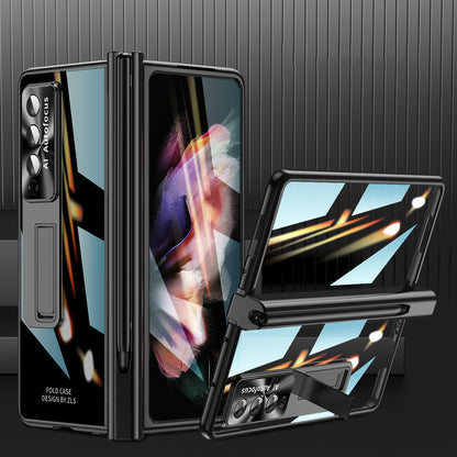 For Samsung Galaxy Z Fold3 5G Magnetic Pen Slot PC Case Kickstand Phone Cover with Tempered Glass Film  /  Stylus Pen