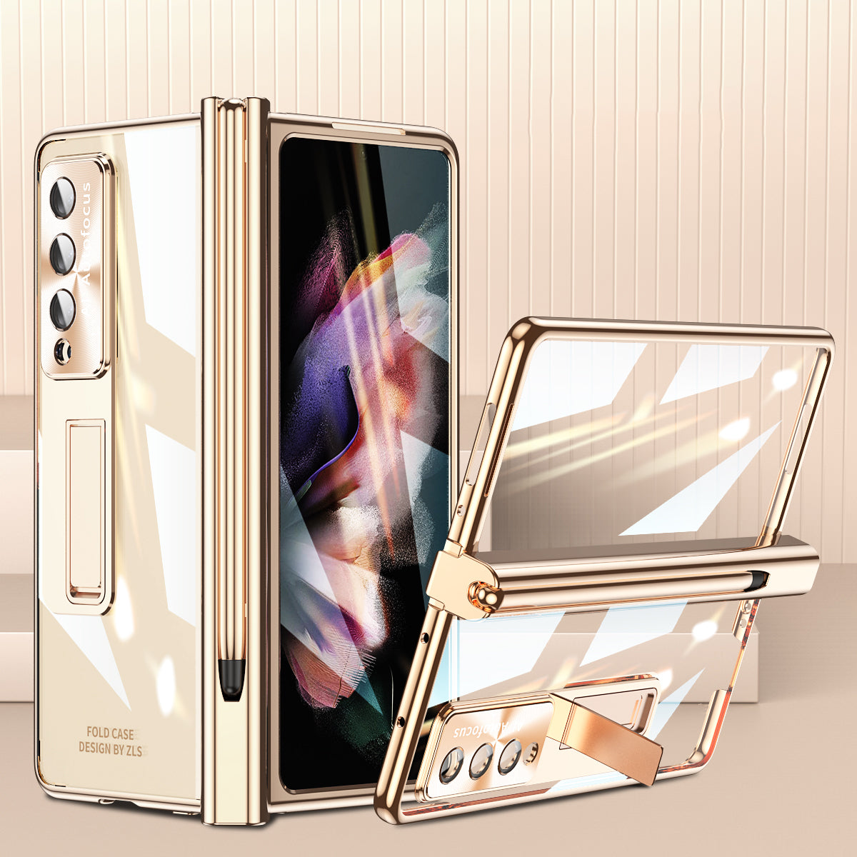 For Samsung Galaxy Z Fold3 5G Magnetic Pen Slot PC Case Kickstand Phone Cover with Tempered Glass Film  /  Stylus Pen
