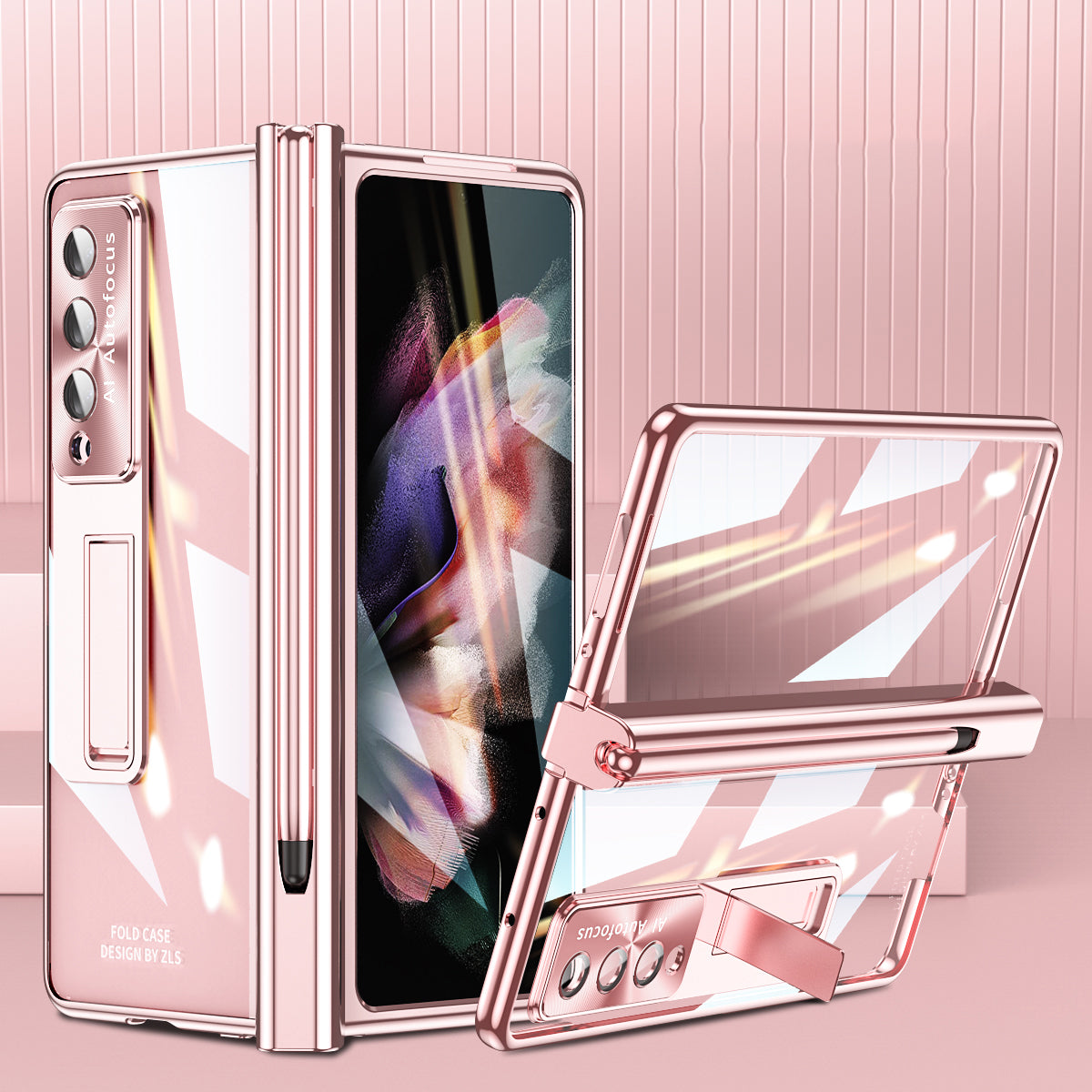 For Samsung Galaxy Z Fold3 5G Magnetic Pen Slot PC Case Kickstand Phone Cover with Tempered Glass Film  /  Stylus Pen