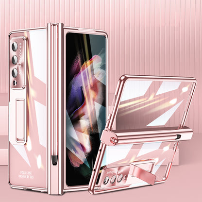 For Samsung Galaxy Z Fold3 5G Magnetic Pen Slot PC Case Kickstand Phone Cover with Tempered Glass Film  /  Stylus Pen