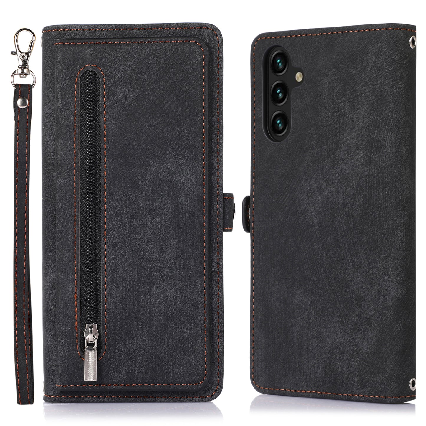 For Samsung Galaxy A14 5G Zipper Pocket 9 Card Slots PU Leather Case Phone Stand Wallet Cover with Wrist Strap