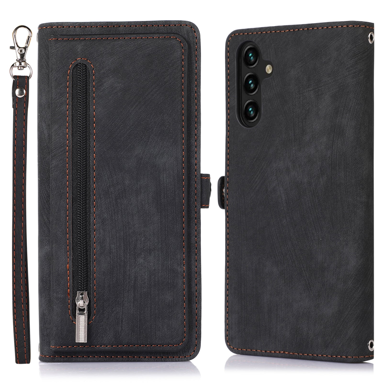 For Samsung Galaxy A14 5G Zipper Pocket 9 Card Slots PU Leather Case Phone Stand Wallet Cover with Wrist Strap