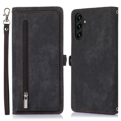 For Samsung Galaxy A14 5G Zipper Pocket 9 Card Slots PU Leather Case Phone Stand Wallet Cover with Wrist Strap