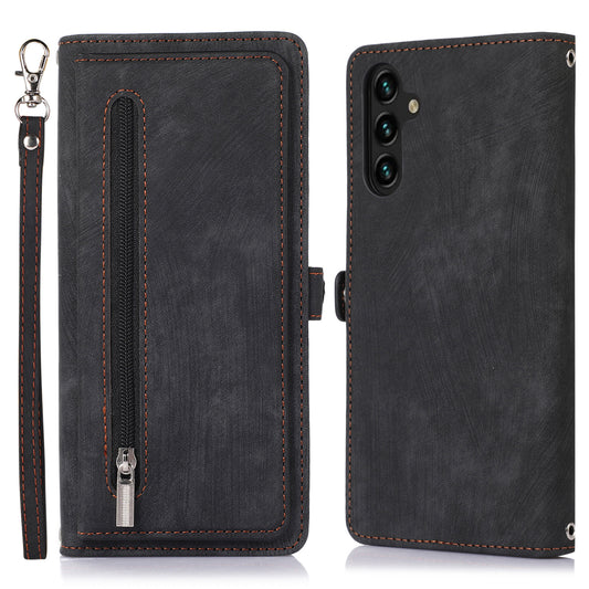 For Samsung Galaxy A14 5G Zipper Pocket 9 Card Slots PU Leather Case Phone Stand Wallet Cover with Wrist Strap