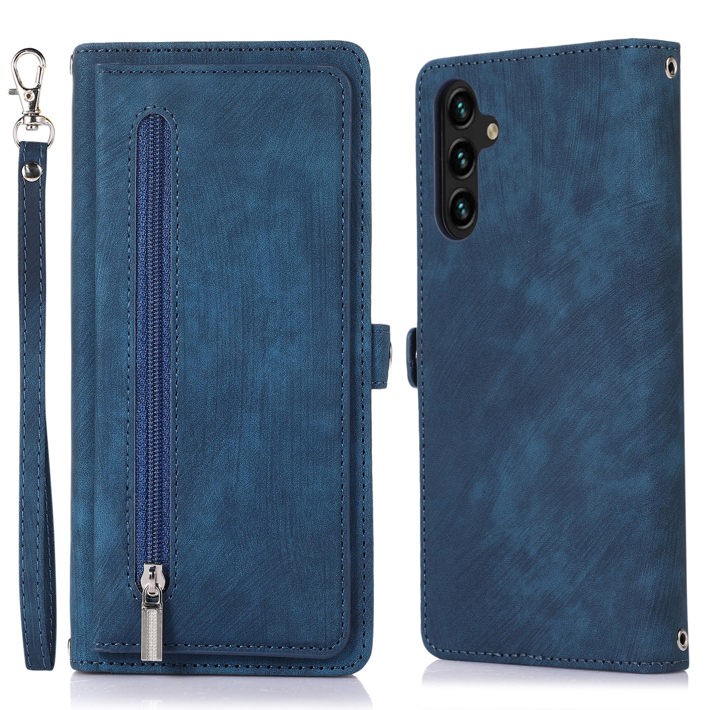 For Samsung Galaxy A14 5G Zipper Pocket 9 Card Slots PU Leather Case Phone Stand Wallet Cover with Wrist Strap