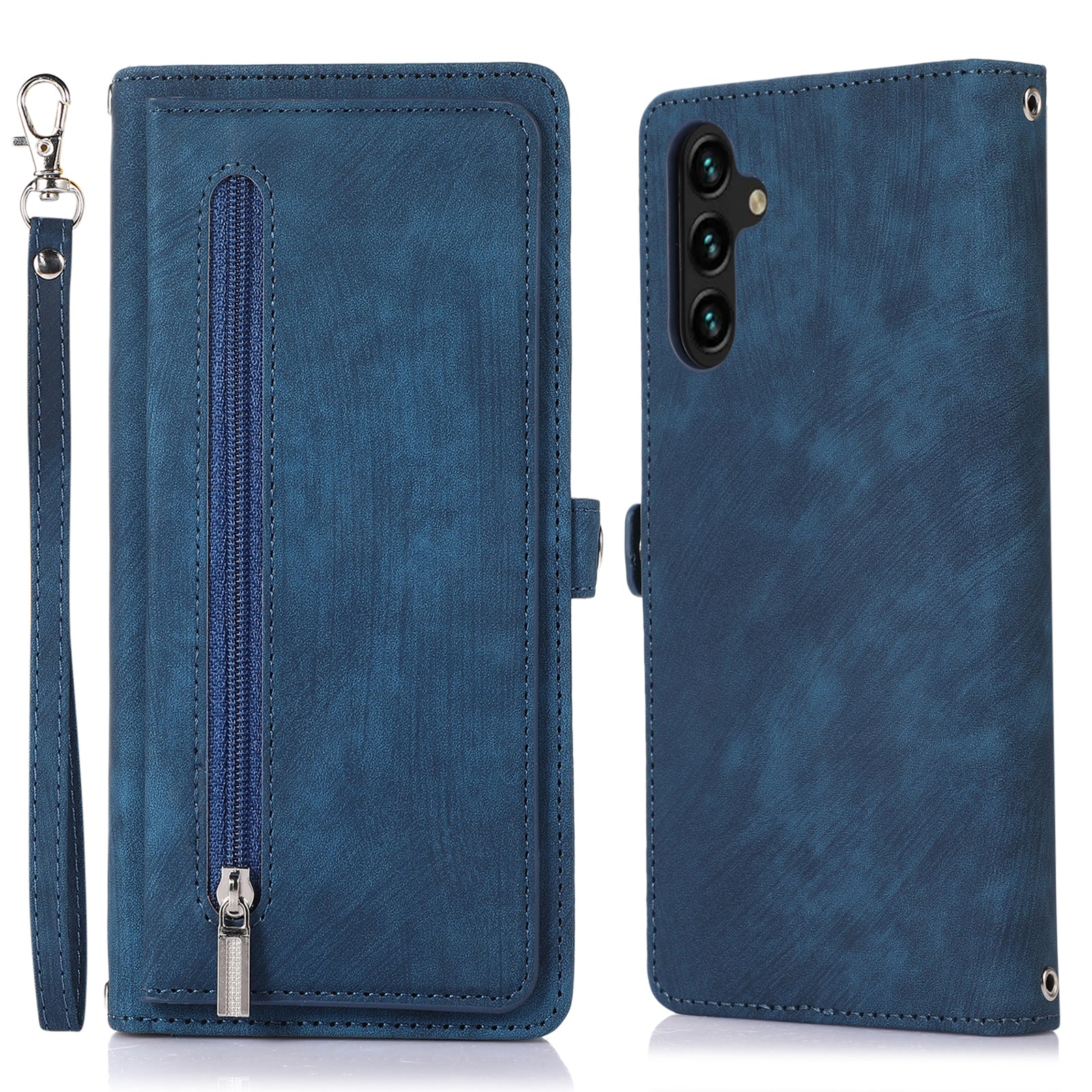 For Samsung Galaxy A14 5G Zipper Pocket 9 Card Slots PU Leather Case Phone Stand Wallet Cover with Wrist Strap